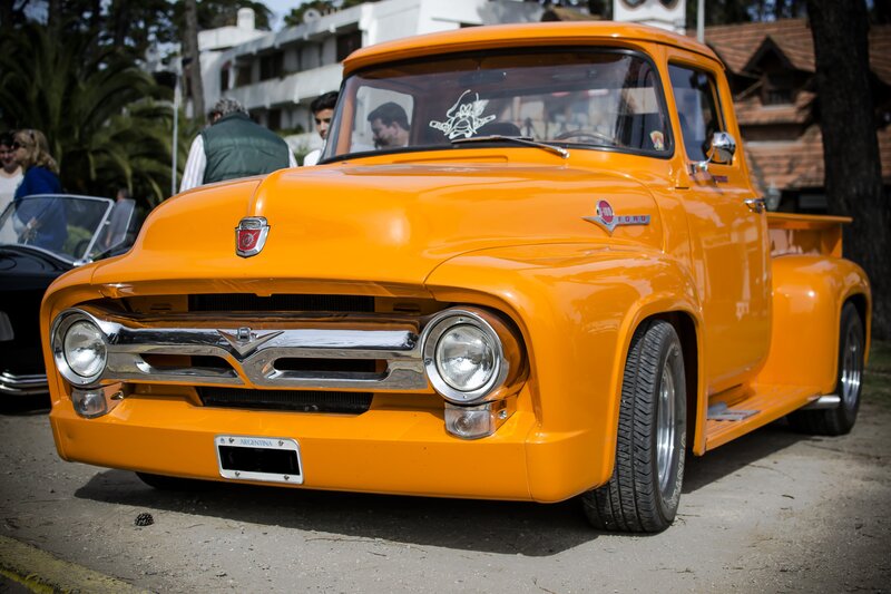 Orange Vintage Pickup Truck — Outdoor, Afternoon, Photograph, People
