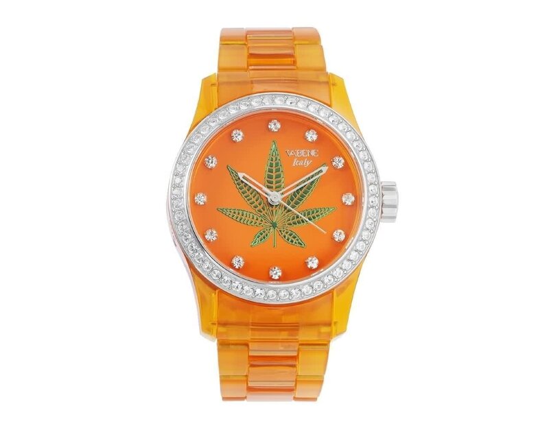 orange watch with leaf design