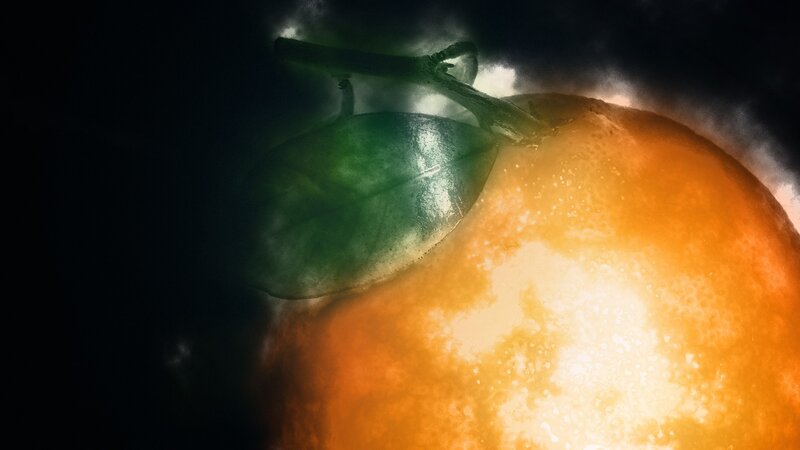 orange with leaf in dramatic light