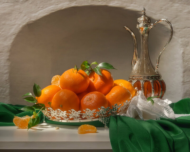 Oranges in Silver Bowl