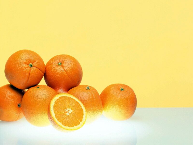 Oranges on Yellow Background — Bright, Photograph, Orange