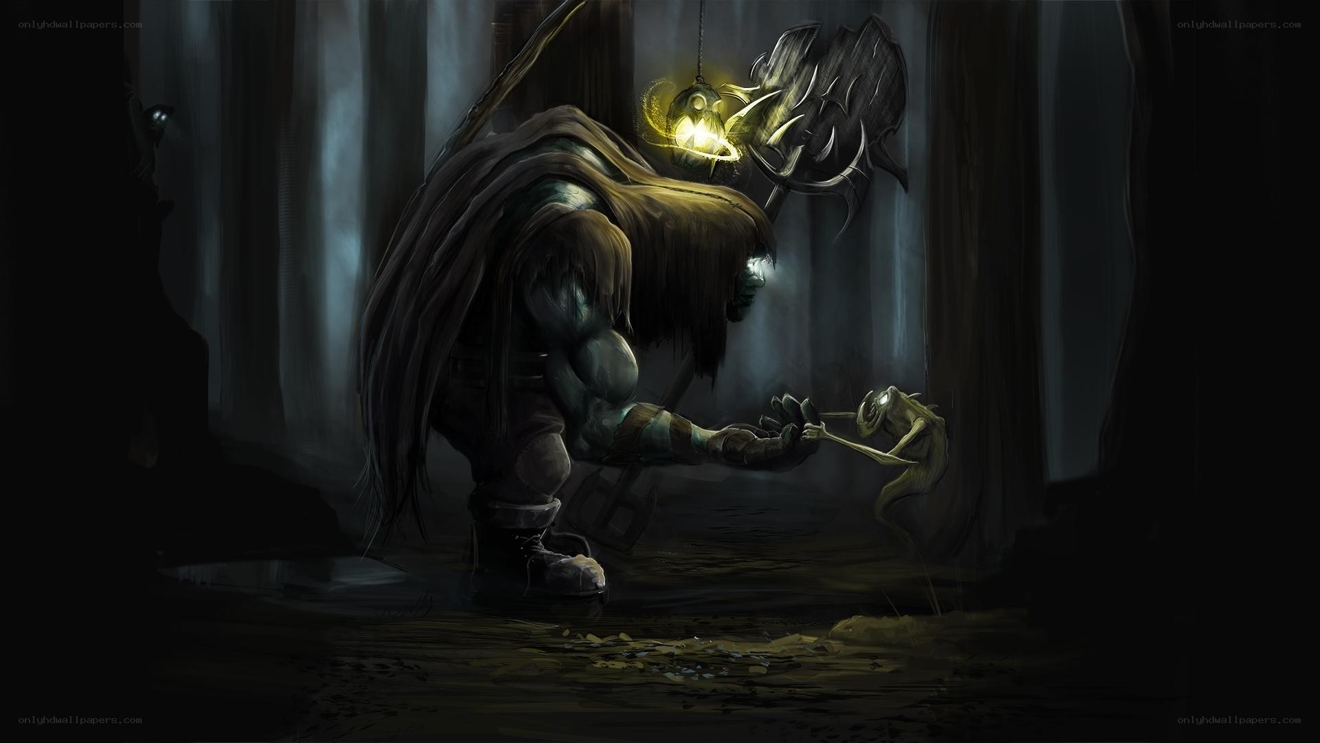orc with lantern in dark cave
