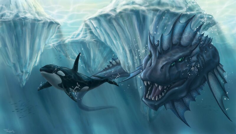 Orca Vs Sea Dragon — Blue, Dramatic