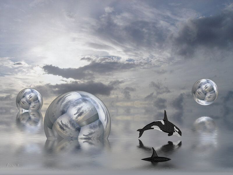 Orca whales in a surreal landscape