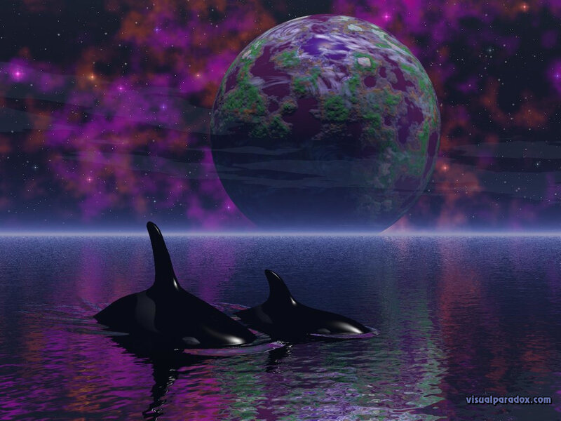 Orca whales in alien seascape