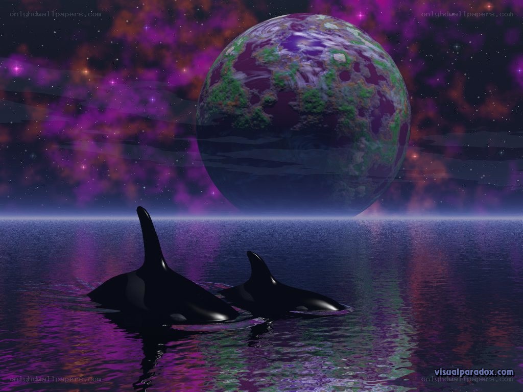 Orca whales in alien seascape