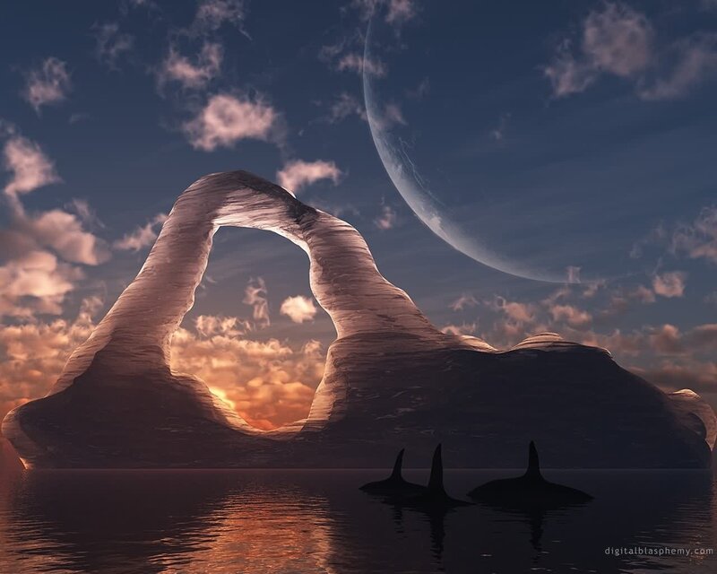 Orca whales near rock arch