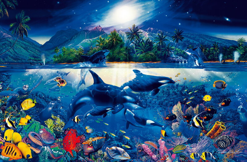 Orcas in Coral Reef — Blue