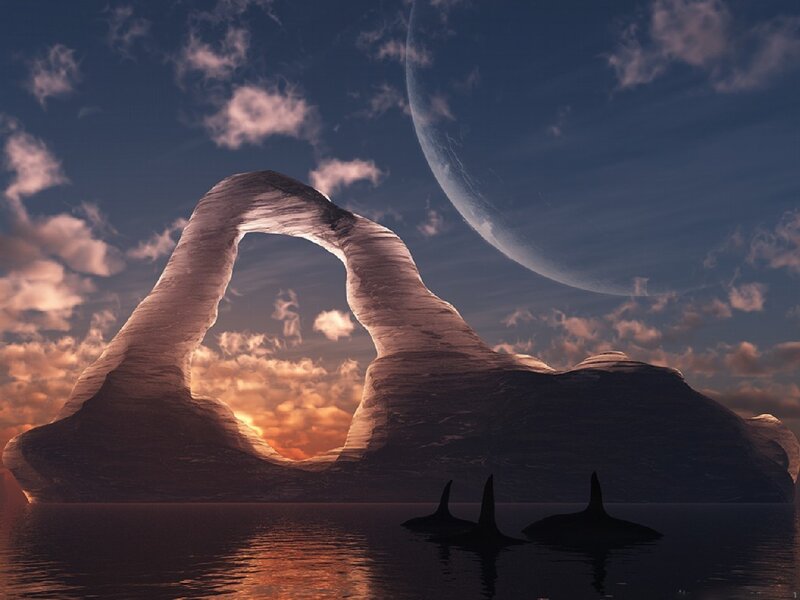 Orcas Near Rock Arch — Blue, Dramatic