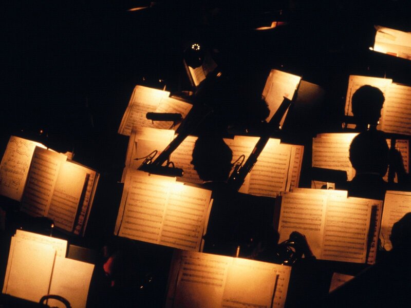 Orchestra musicians in dim light