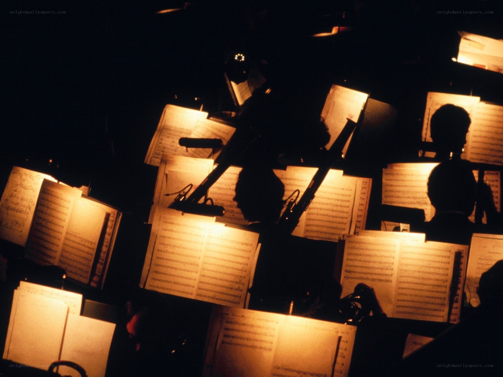 Orchestra musicians in dim light