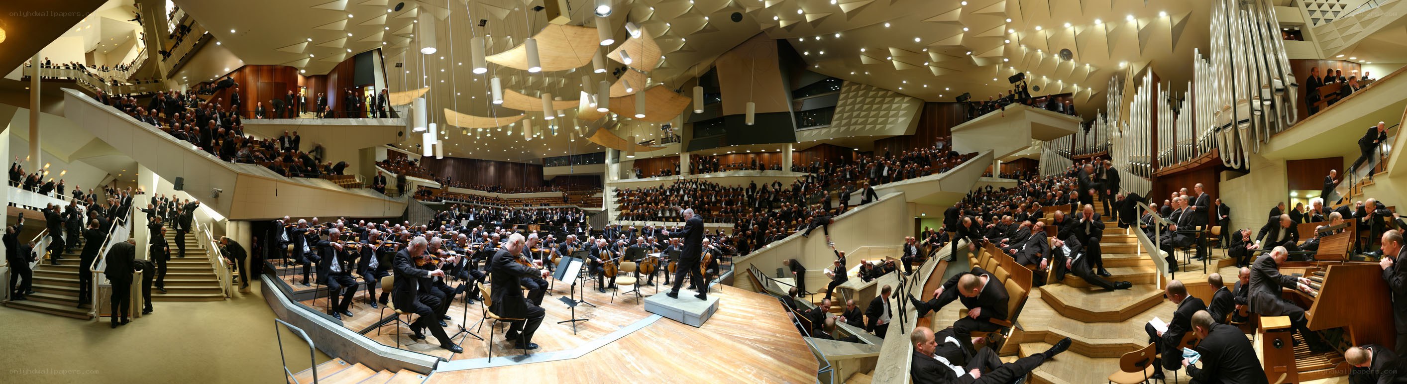 Orchestra performing in a concert hall