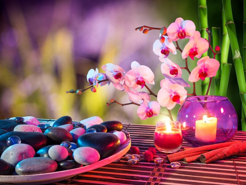 Orchid and Candles on Mat — Purple