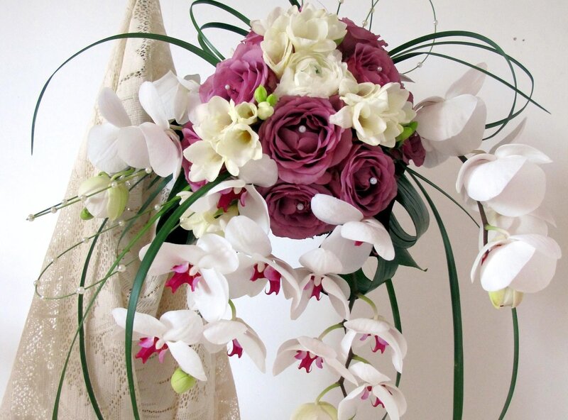 Orchid and Rose Bouquet — White, Elegant, Photograph