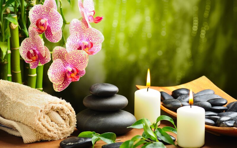 Orchid and Spa Stones — Green, Serene, Photograph, Candles