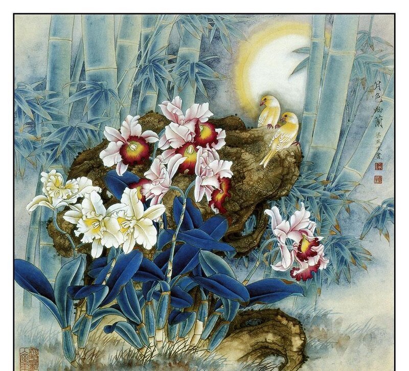 Orchids and Birds in Bamboo