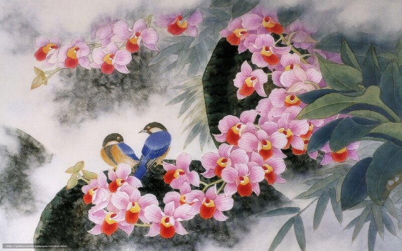 Orchids and birds painting
