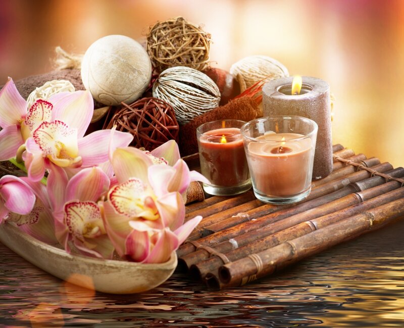 Orchids and Candles on Bamboo