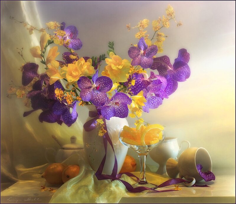 Orchids and Fruit in Vase