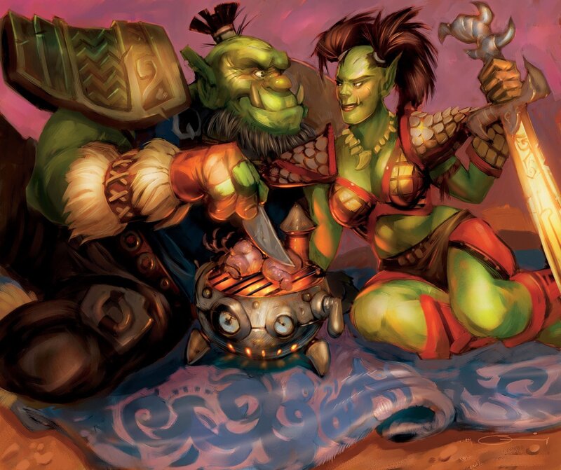 Orcs cooking over a grill