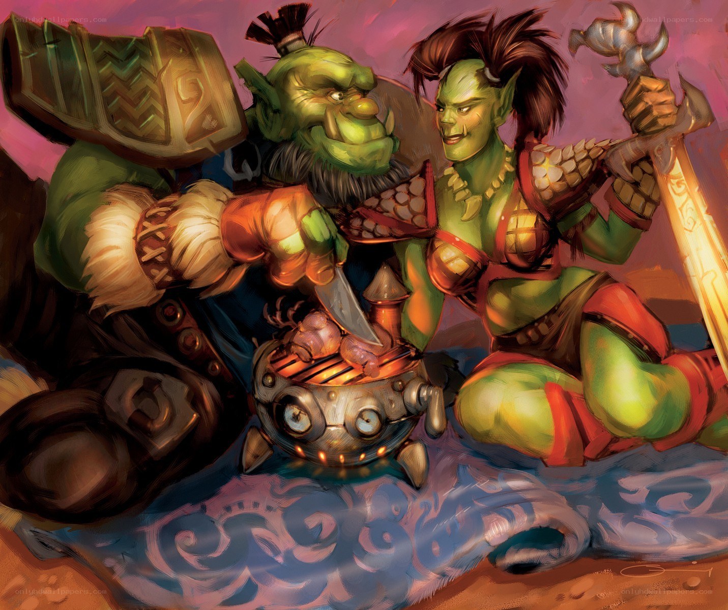Orcs cooking over a grill