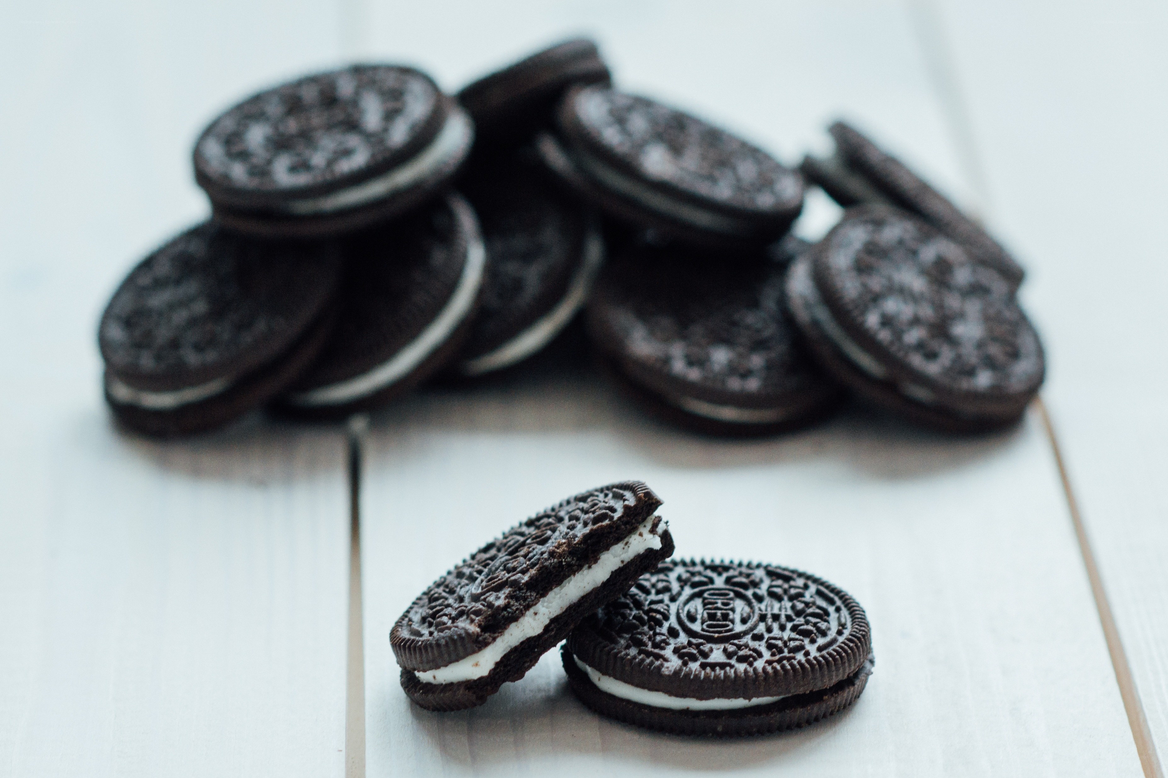 Oreo cookies on a wooden surface