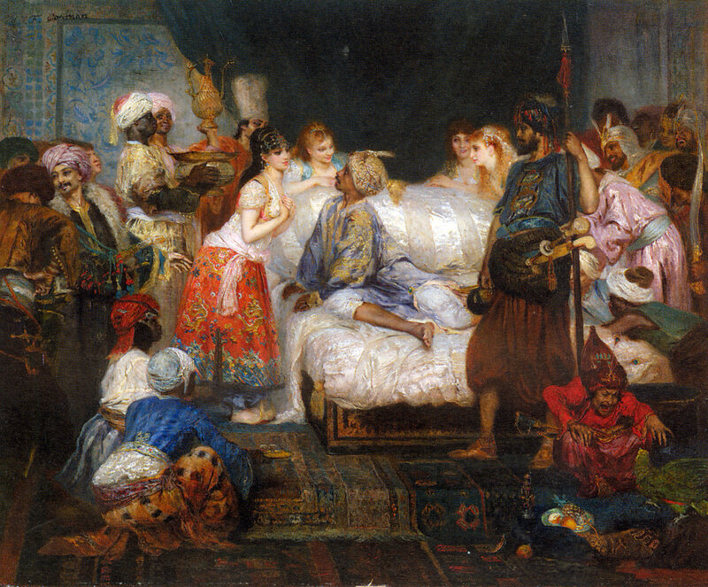 Orientalist painting of a harem scene