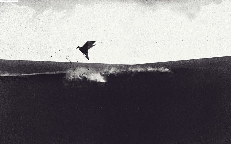 Origami Bird Flying — Black, Dramatic, Illustration