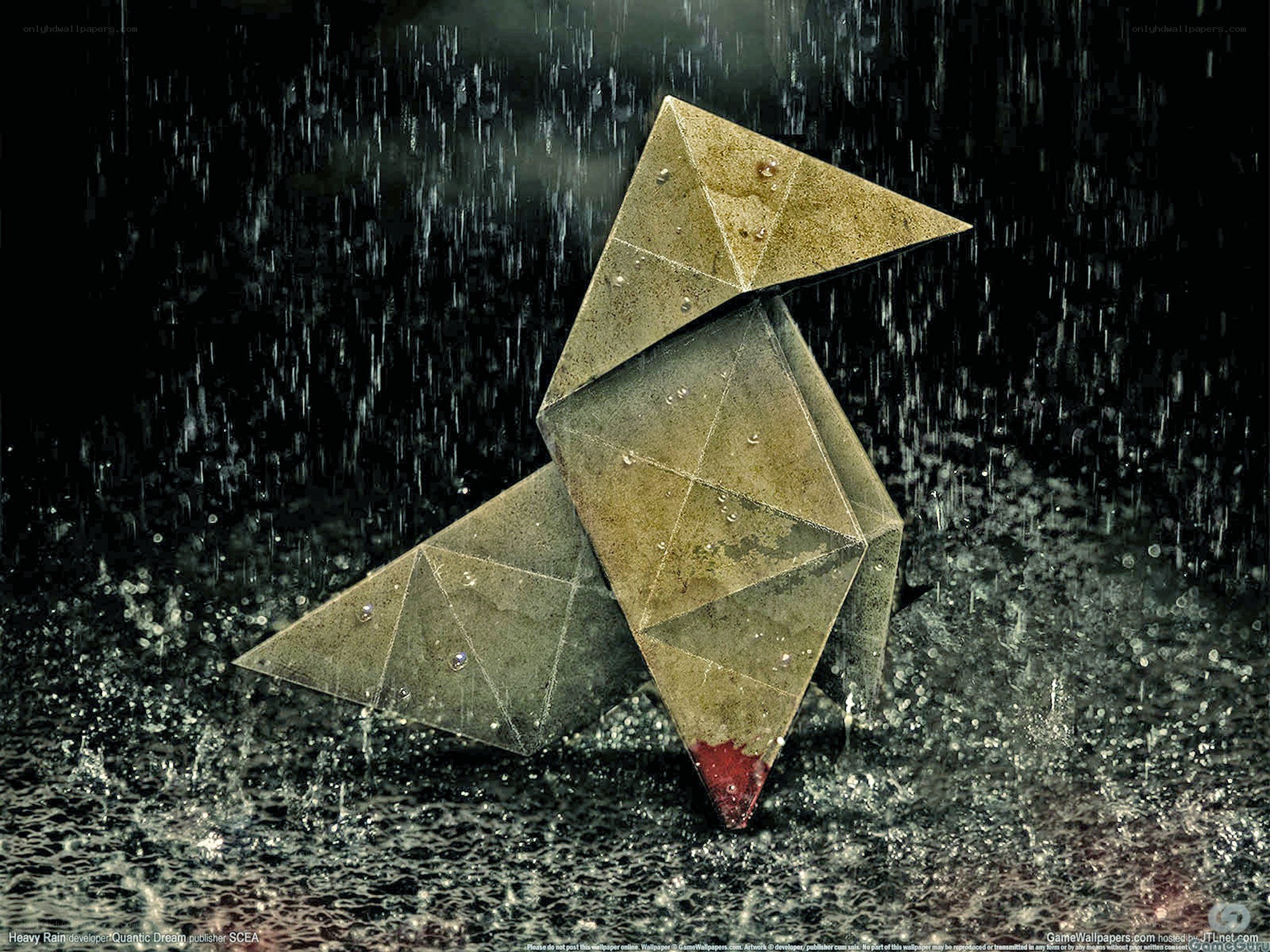 Origami bird in heavy rain