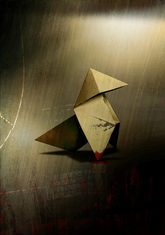 Origami bird with blood stain