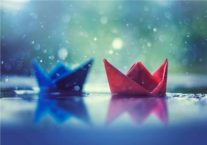 Origami Boats on Water — Red