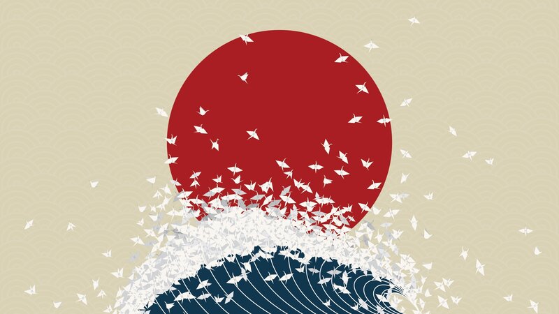 Origami Cranes and Wave — Red, Serene