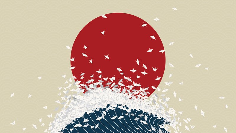 Origami Cranes and Wave — Red