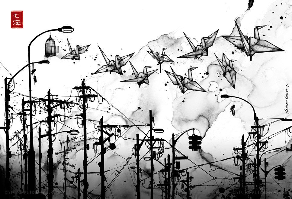 Origami cranes flying over city