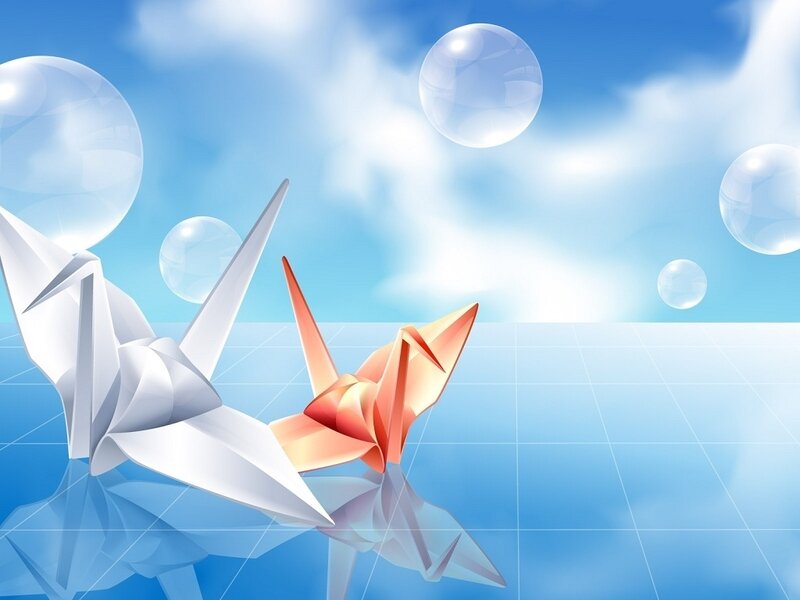 Origami cranes in a dreamy sky