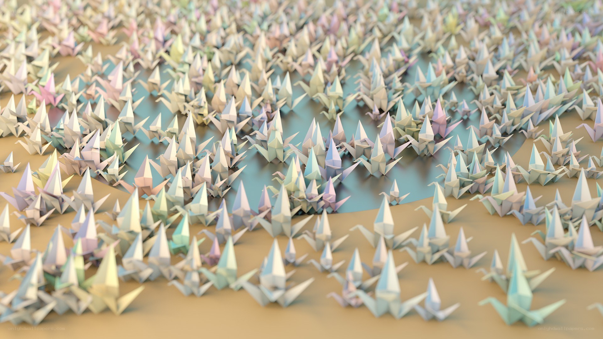 Origami cranes in a field