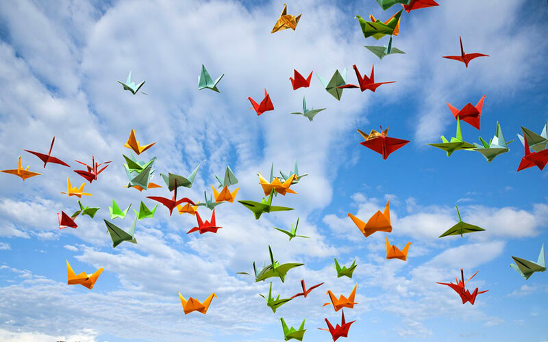 Origami Cranes in Sky — Blue, Serene, Afternoon