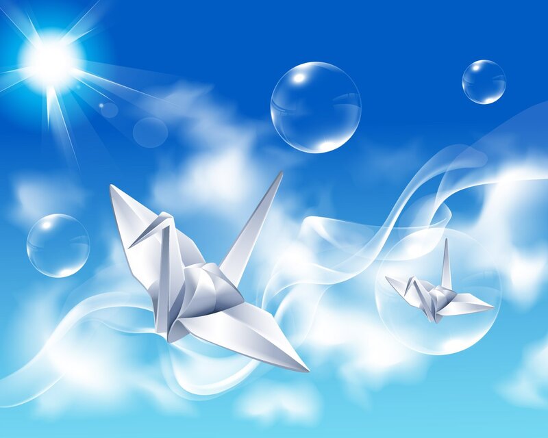 Origami Cranes in Sky — Blue, Serene