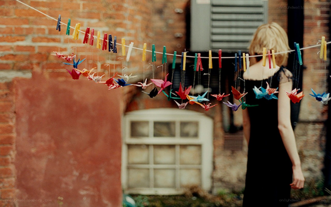 Origami cranes on a clothesline