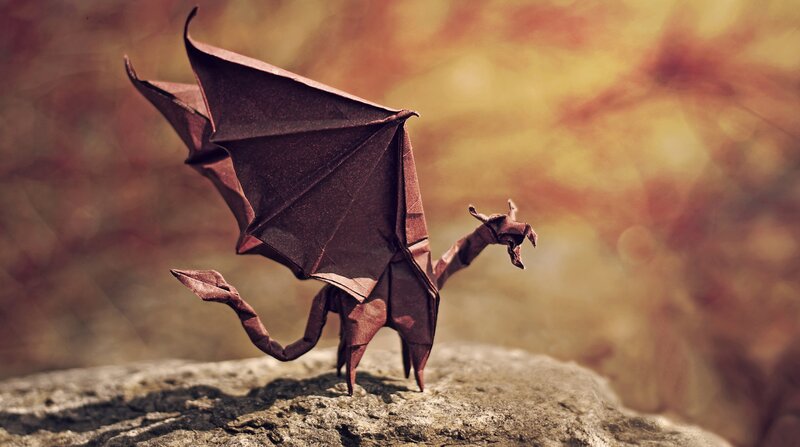 Origami Dragon on Rock — Brown