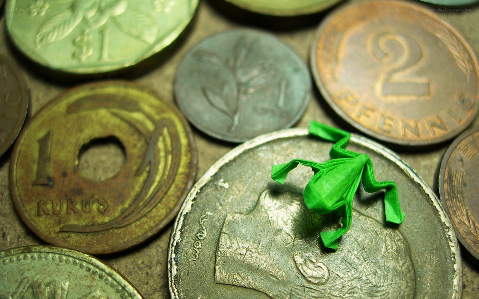 Origami frog on coins