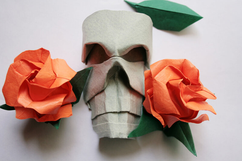 Origami skull with roses