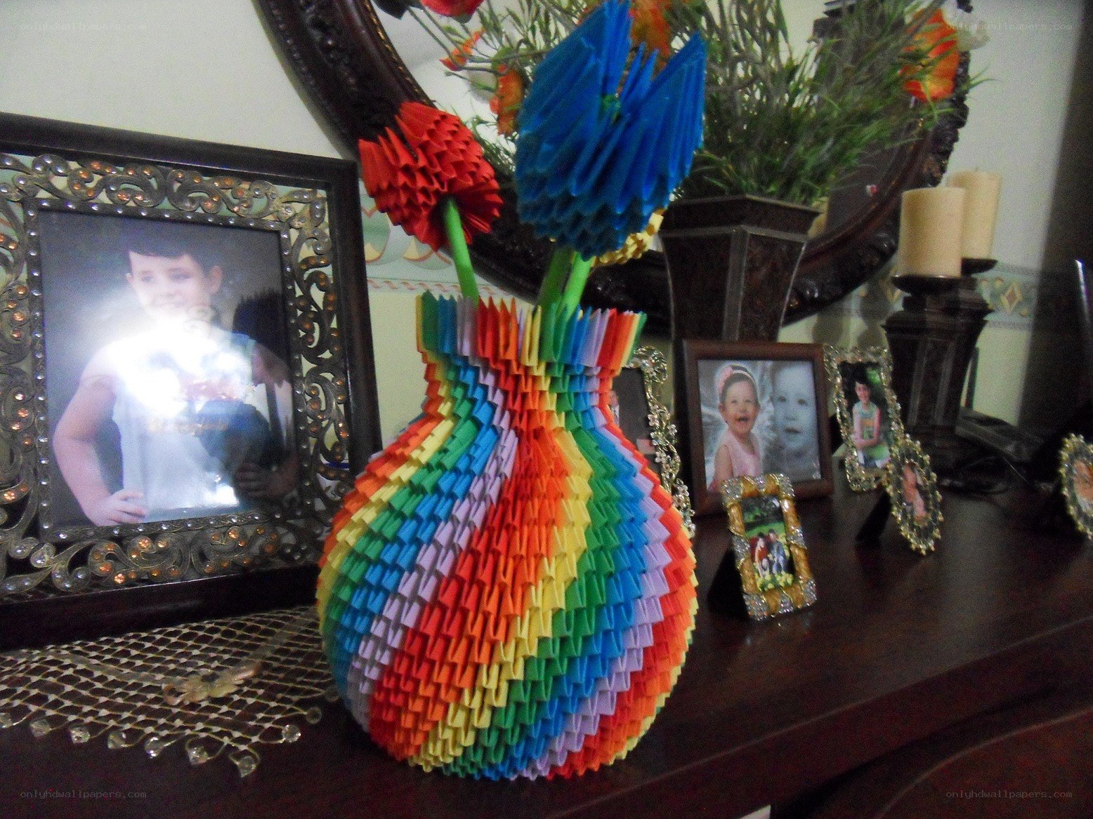 Origami vase with flowers