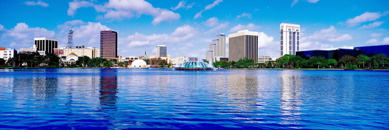 Orlando skyline with lake and fountain