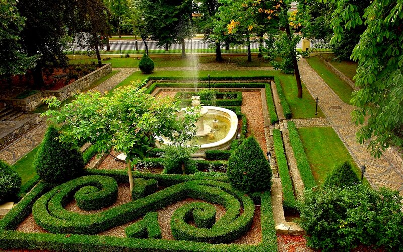 Ornamental Garden with Fountain — Green, Serene, Afternoon