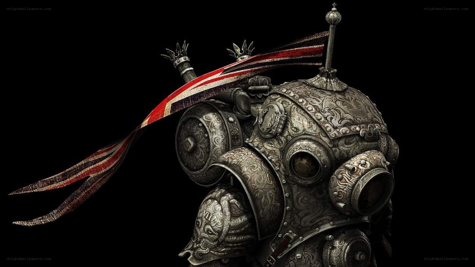 ornate armored figure with flag