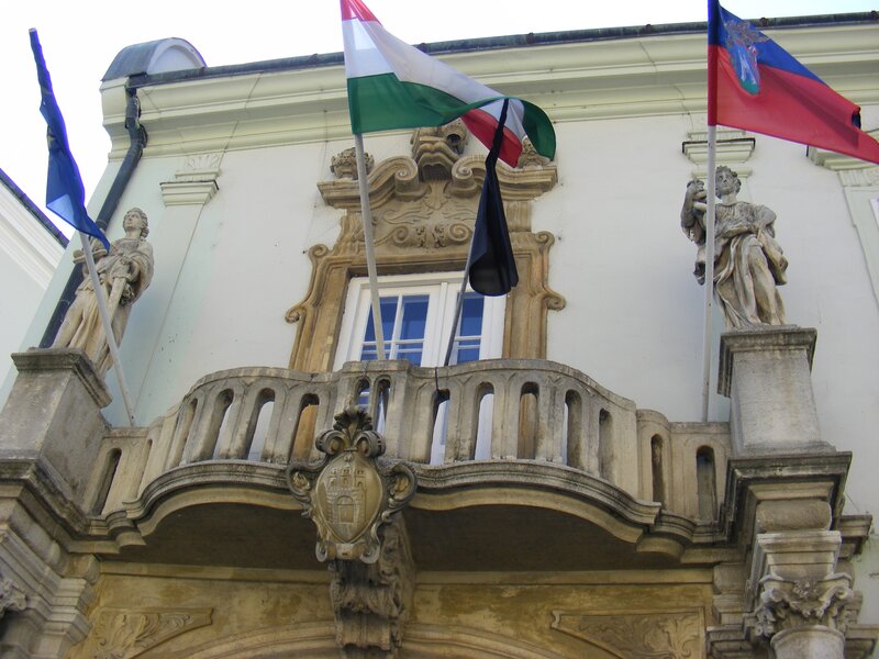 ornate balcony with flags
