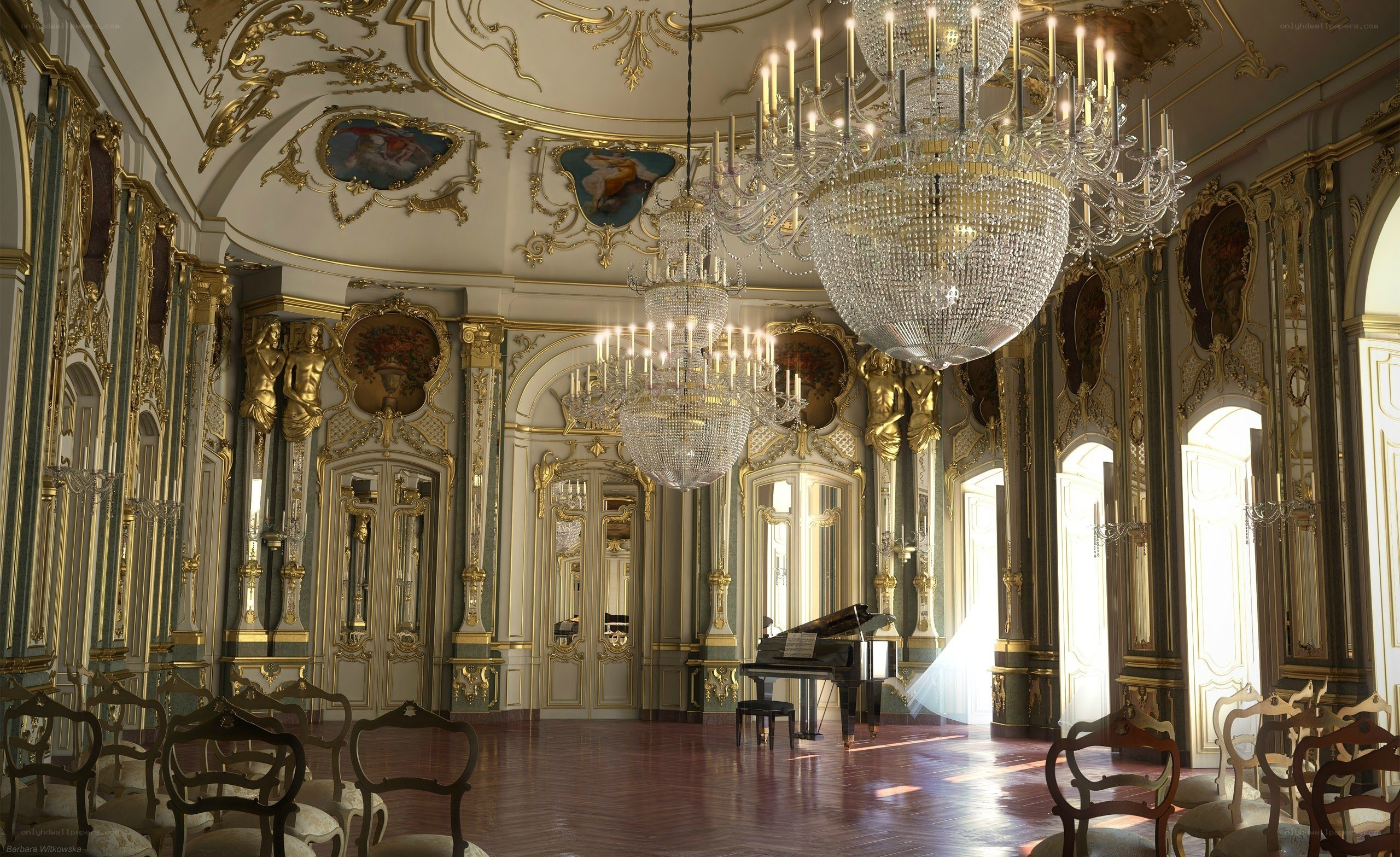 Ornate ballroom with chandeliers