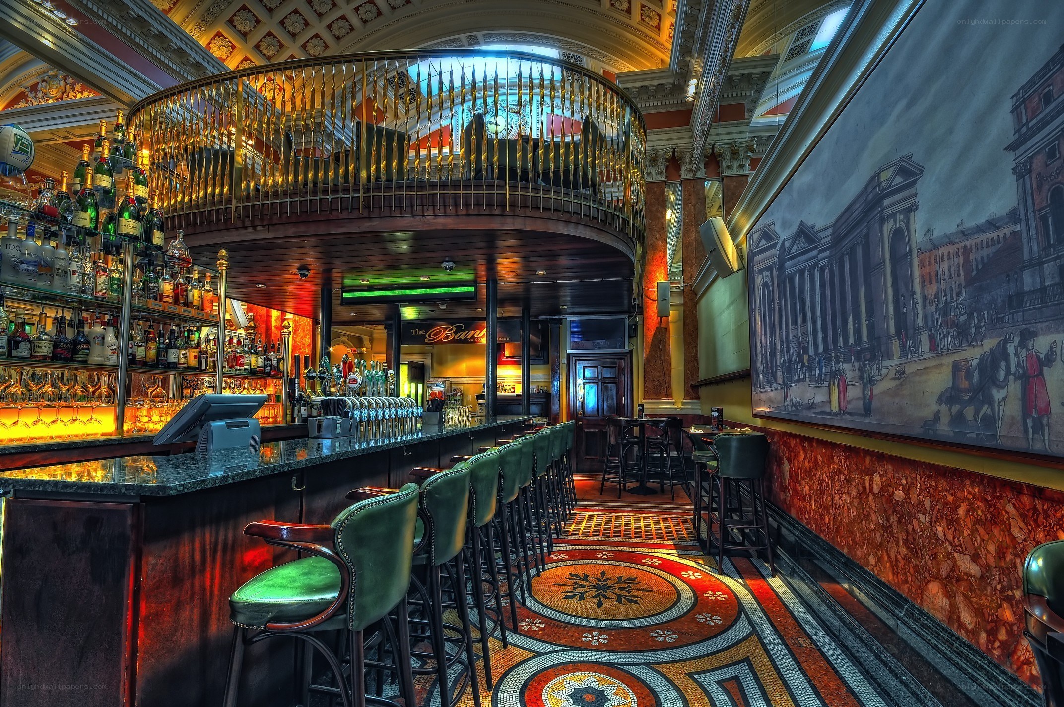 Ornate bar interior with mural