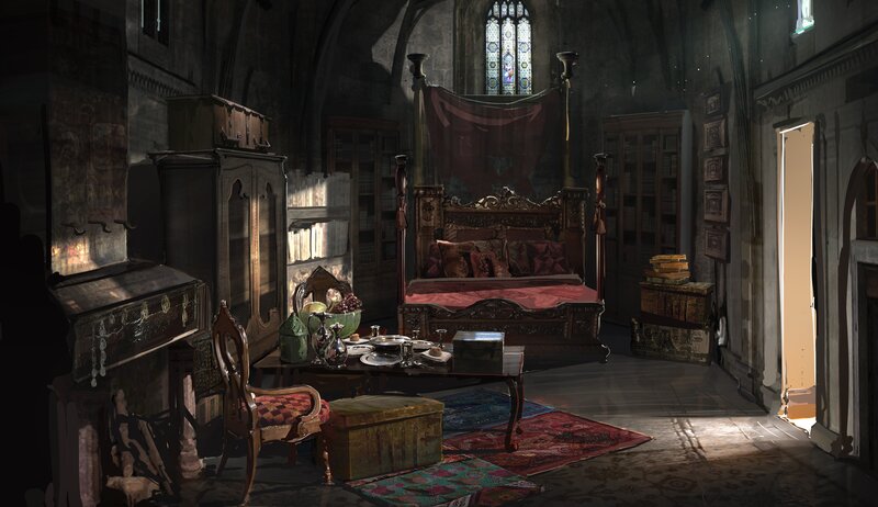 Ornate Bedroom Interior — Brown, Dramatic